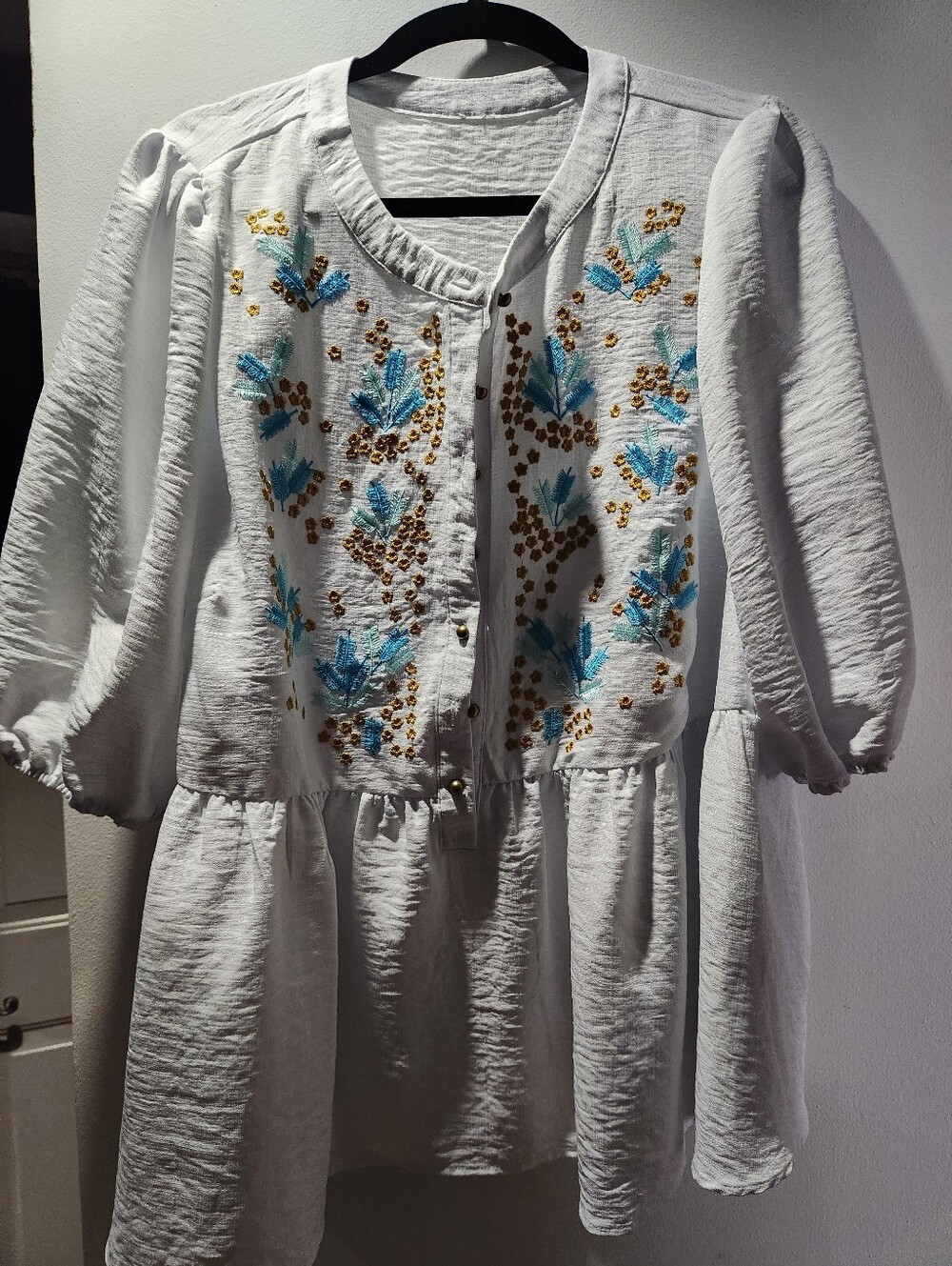 White Embroidered Floral Top with Blue Accents